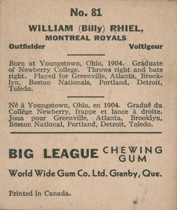 1936 World Wide Gum (V355) #81 Bill Rhiel Back