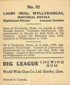 1936 World Wide Gum (V355) #82 Lauri Myllykangas Back