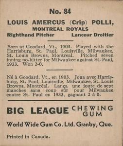 1936 World Wide Gum (V355) #84 Crip Polli Back