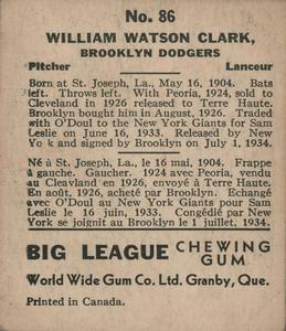 1936 World Wide Gum (V355) #86 Watty Clark Back