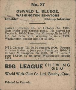 1936 World Wide Gum (V355) #87 Ossie Bluege Back