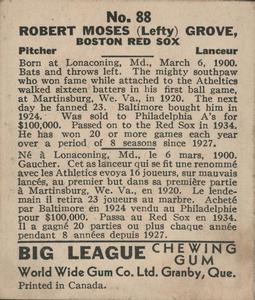 1936 World Wide Gum (V355) #88 Lefty Grove Back