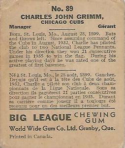 1936 World Wide Gum (V355) #89 Charlie Grimm Back