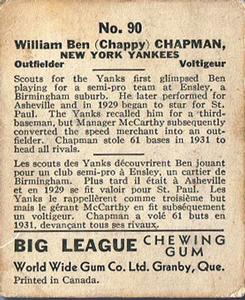 1936 World Wide Gum (V355) #90 Ben Chapman Back