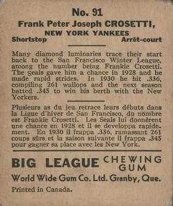 1936 World Wide Gum (V355) #91 Frank Crosetti Back