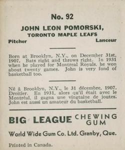 1936 World Wide Gum (V355) #92 John Pomorski Back