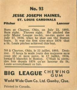 1936 World Wide Gum (V355) #93 Jesse Haines Back