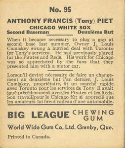 1936 World Wide Gum (V355) #95 Tony Piet Back