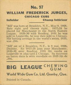1936 World Wide Gum (V355) #97 Billy Jurges Back