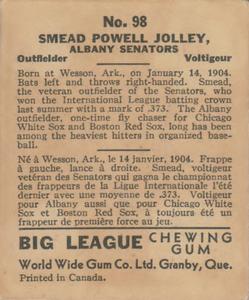 1936 World Wide Gum (V355) #98 Smead Jolley Back
