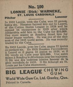1936 World Wide Gum (V355) #100 Lon Warneke Back