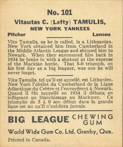 1936 World Wide Gum (V355) #101 Vito Tamulis Back