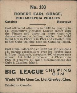 1936 World Wide Gum (V355) #103 Earl Grace Back