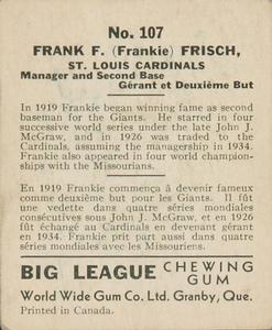 1936 World Wide Gum (V355) #107 Frankie Frisch Back
