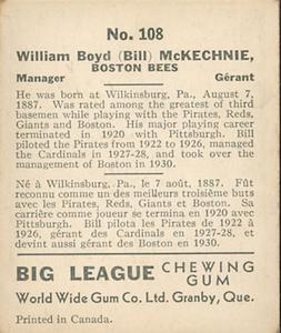1936 World Wide Gum (V355) #108 Bill McKechnie Back