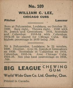 1936 World Wide Gum (V355) #109 Bill Lee Back