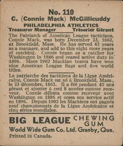1936 World Wide Gum (V355) #110 Connie Mack Back