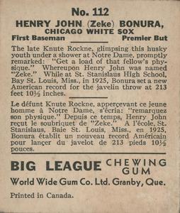 1936 World Wide Gum (V355) #112 Zeke Bonura Back