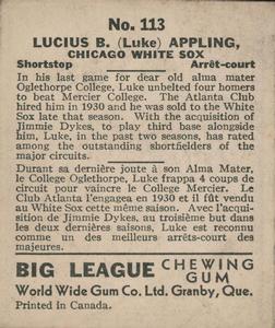 1936 World Wide Gum (V355) #113 Luke Appling Back