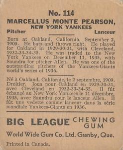 1936 World Wide Gum (V355) #114 Monte Pearson Back