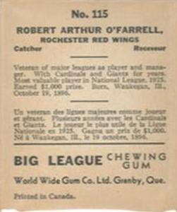 1936 World Wide Gum (V355) #115 Bob O'Farrell Back