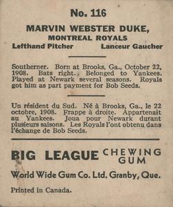 1936 World Wide Gum (V355) #116 Marvin Duke Back