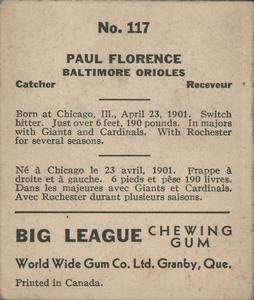 1936 World Wide Gum (V355) #117 Paul Florence Back