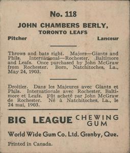 1936 World Wide Gum (V355) #118 John Berly Back