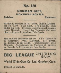 1936 World Wide Gum (V355) #120 Norm Kies Back
