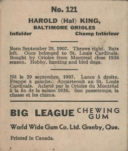 1936 World Wide Gum (V355) #121 Hal King Back