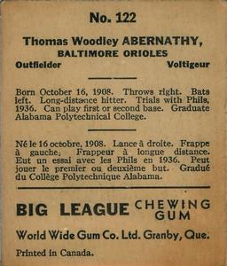 1936 World Wide Gum (V355) #122 Tom Abernathy Back