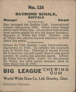 1936 World Wide Gum (V355) #124 Ray Schalk Back