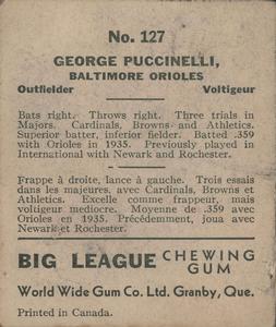 1936 World Wide Gum (V355) #127 George Puccinelli Back