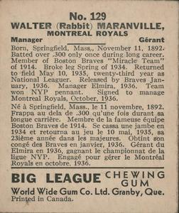 1936 World Wide Gum V355 #129 Rabbit Maranville Back