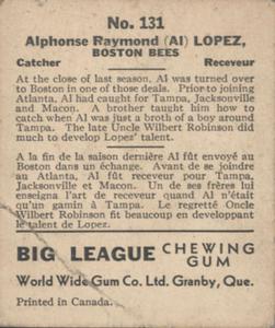 1936 World Wide Gum (V355) #131 Al Lopez Back