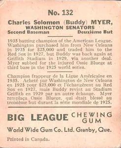 1936 World Wide Gum (V355) #132 Buddy Myer Back