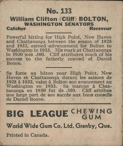 1936 World Wide Gum (V355) #133 Cliff Bolton Back