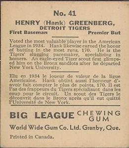 1936 World Wide Gum (V355) #41 Hank Greenberg Back