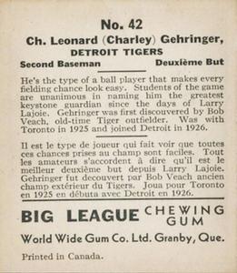 1936 World Wide Gum (V355) #42 Charlie Gehringer Back
