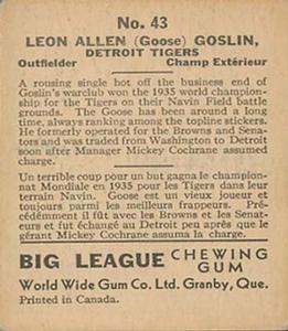 1936 World Wide Gum (V355) #43 Goose Goslin Back