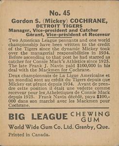 1936 World Wide Gum (V355) #45 Mickey Cochrane Back