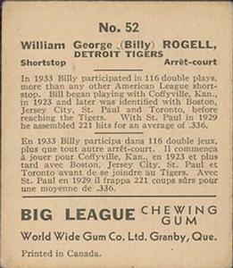 1936 World Wide Gum (V355) #52 Billy Rogell Back