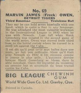 1936 World Wide Gum (V355) #69 Marvin Owen Back