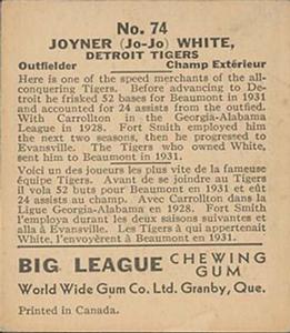 1936 World Wide Gum (V355) #74 Jo Jo White Back