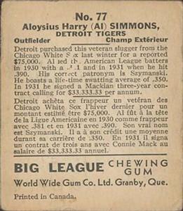 1936 World Wide Gum (V355) #77 Al Simmons Back