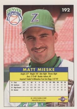 1992-93 Fleer Excel #192 Matt Mieske Back
