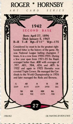 1984 Galasso Hall of Famers #27 Rogers Hornsby Back