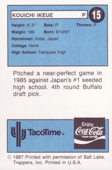 1987 TacoTime Salt Lake Trappers #15 Koichi Ikeue Back