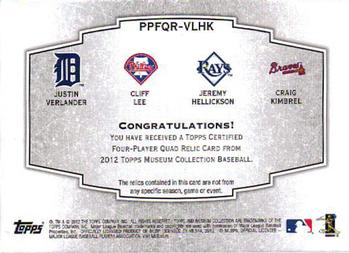 2012 Topps Museum Collection - Primary Pieces 4-Player Quad Relics #PPFQR-VLHK Justin Verlander / Cliff Lee / Jeremy Hellickson / Craig Kimbrel Back