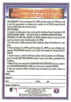 1996 Bowman #NNO 1996 Bowman Major League Baseball Guaranteed Value Certificate Request Card Back